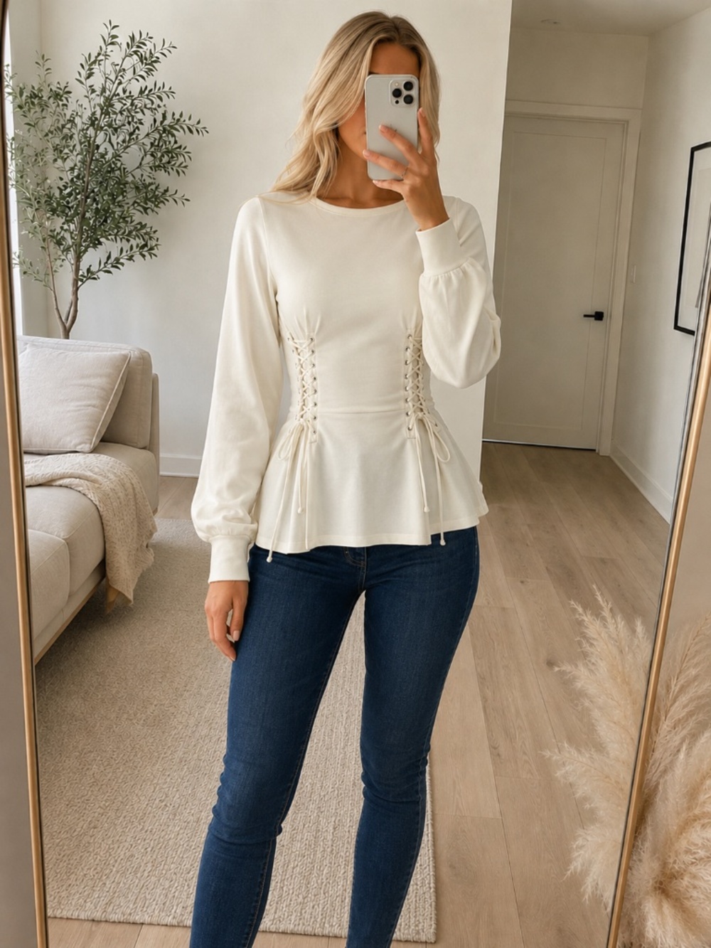 NWT Ivory Puff Sleeve Corset Sweatshirt Medium